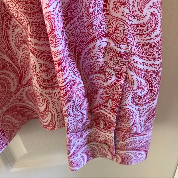 Talbots blouse size 16 button down red and white paisley cotton spandex - Picture 4 of 7